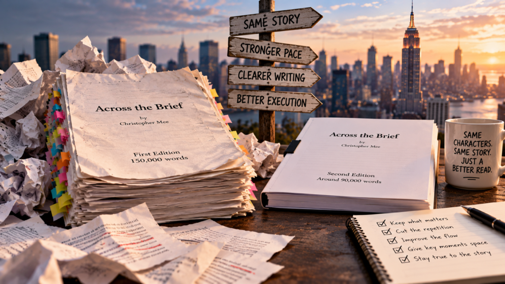 Rewriting a novel showing the 150,000-word First Edition of Across the Brief beside a tighter Second Edition.