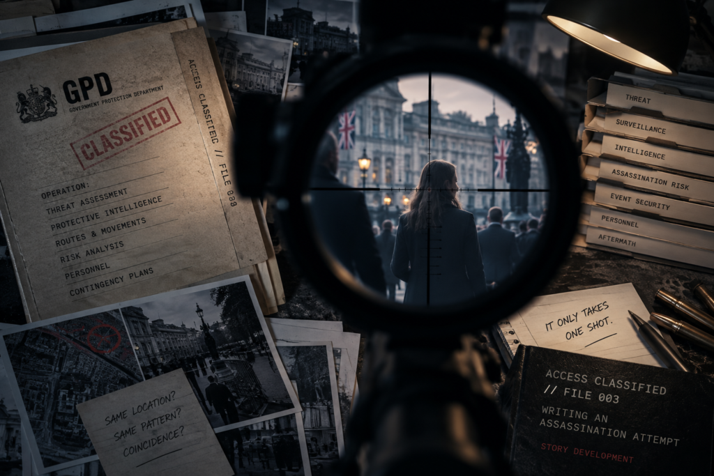 Sniper scope aimed towards a protected woman surrounded by classified GPD files for a feature about writing an assassination attempt.
