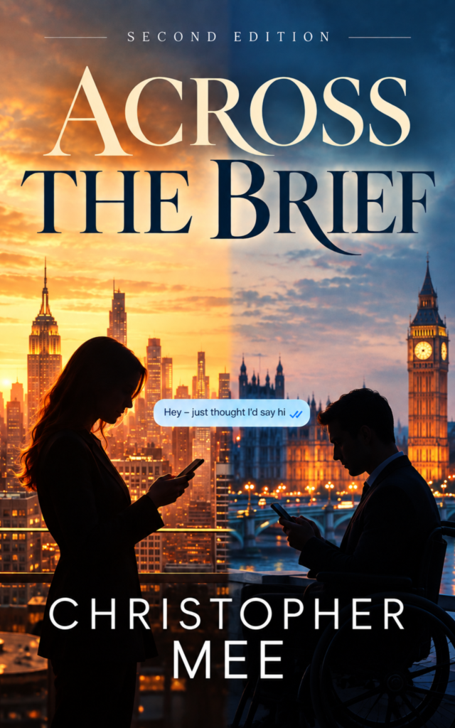 Across the Brief Second Edition book cover by Christopher Mee, featuring a woman in New York and a man in a wheelchair in London exchanging messages against contrasting city skylines at sunset.