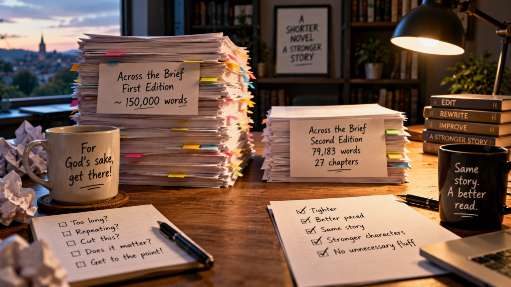 Two manuscripts of Across the Brief showing the reduction from 150,000 words in the First Edition to 79,183 words in the Second Edition.