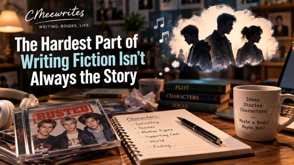 A writer's desk with a Busted CD, character notes and imagined fictional characters, illustrating the challenge of creating believable characters.